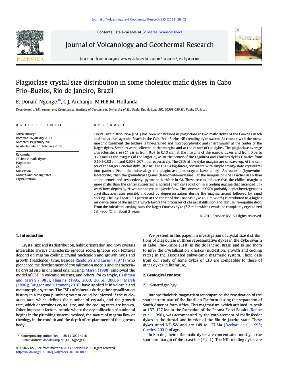 Plagioclase crystal size distribution in some tholeiitic mafic dykes in Cabo Frio–Buzios, Rio de Janeiro, Brazil