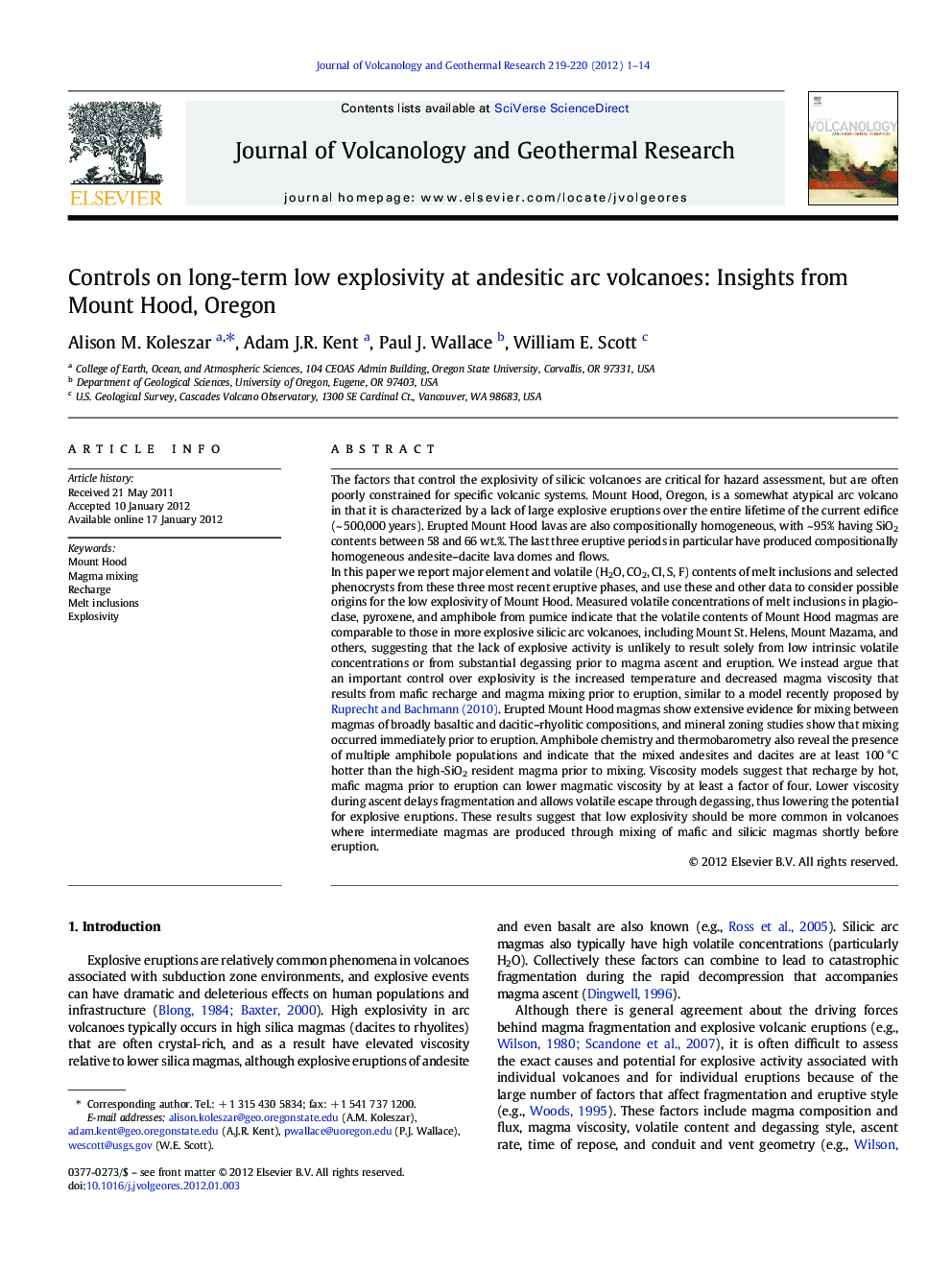 عکس صفحه اول مقاله: Controls on long-term low explosivity at andesitic arc volcanoes: Insights from Mount Hood, Oregon Controls on long-term low explosivity at andesitic arc volcanoes: Insights from Mount Hood, Oregon