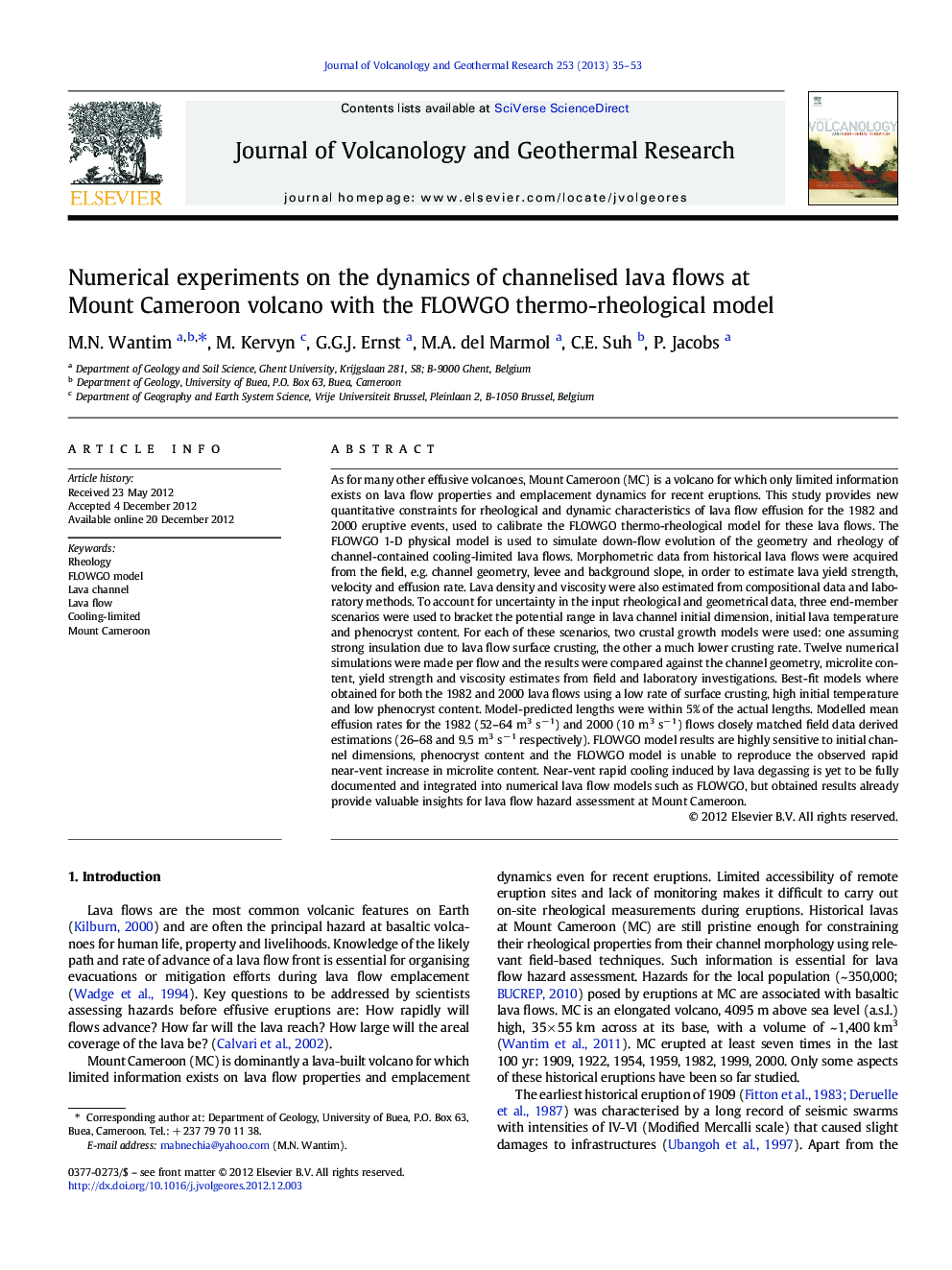 Numerical experiments on the dynamics of channelised lava flows at Mount Cameroon volcano with the FLOWGO thermo-rheological model