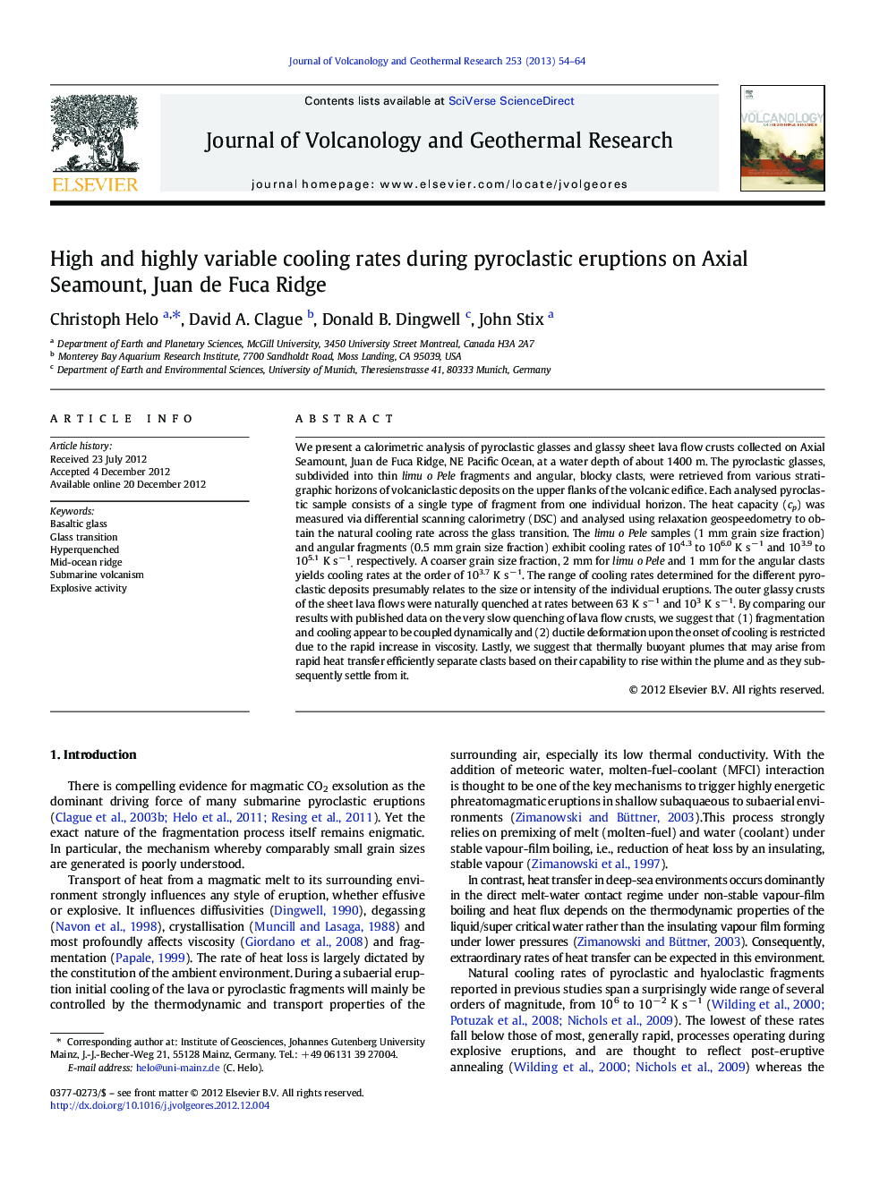 High and highly variable cooling rates during pyroclastic eruptions on Axial Seamount, Juan de Fuca Ridge