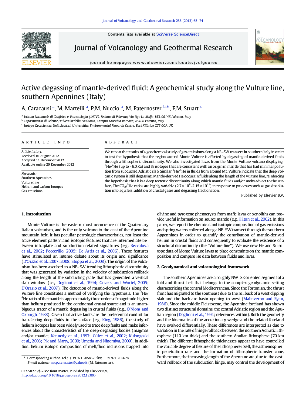 Active degassing of mantle-derived fluid: A geochemical study along the Vulture line, southern Apennines (Italy)