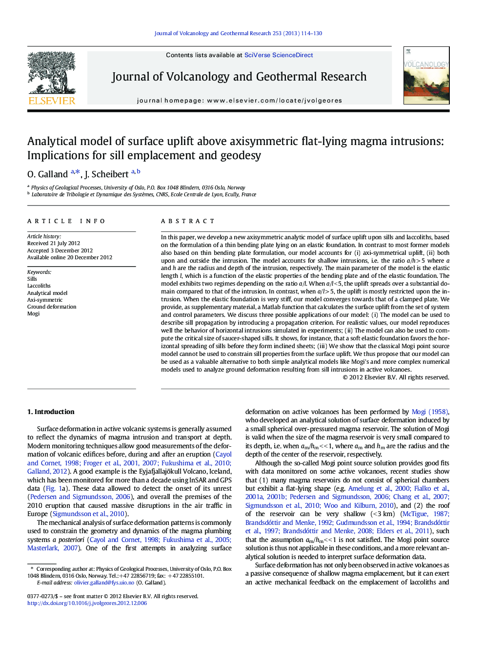 Analytical model of surface uplift above axisymmetric flat-lying magma intrusions: Implications for sill emplacement and geodesy