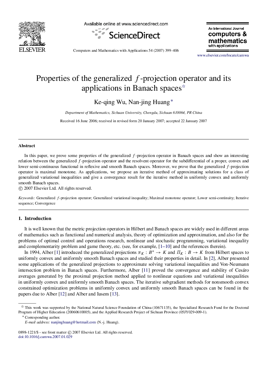 Properties of the generalized ff-projection operator and its applications in Banach spaces 