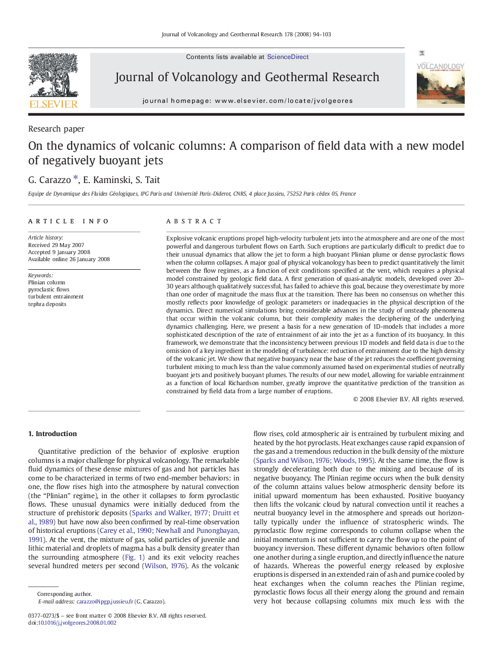 On the dynamics of volcanic columns: A comparison of field data with a new model of negatively buoyant jets