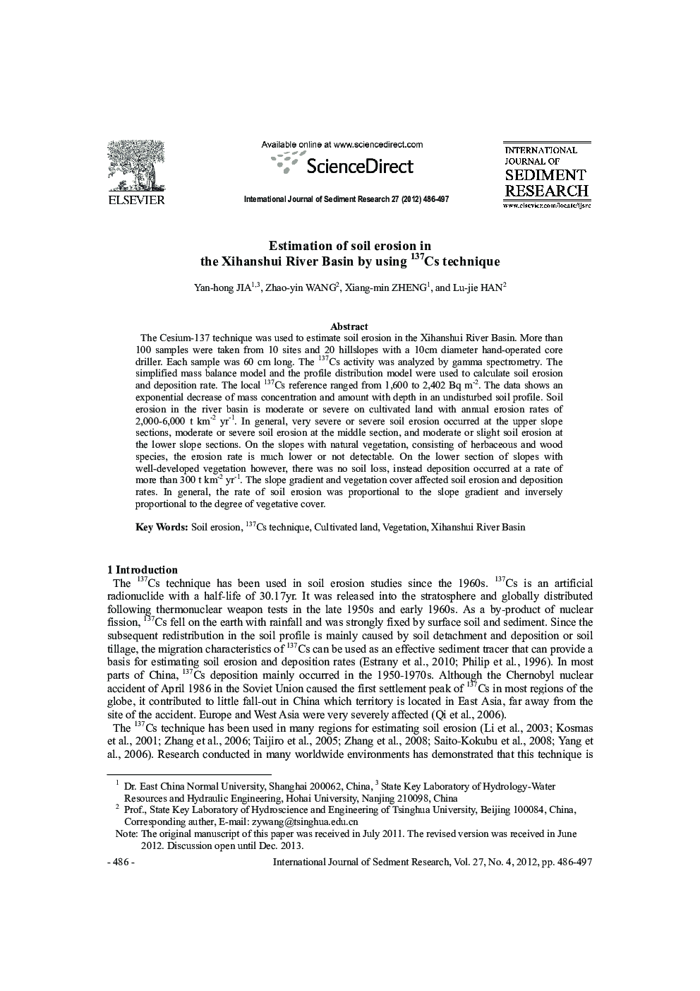 Estimation of soil erosion in the Xihanshui River Basin by using 137Cs technique 
