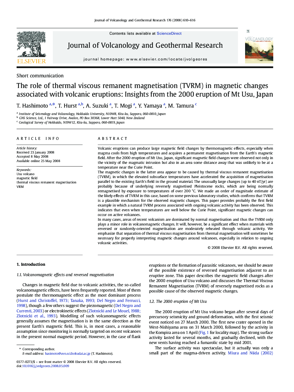 The role of thermal viscous remanent magnetisation (TVRM) in magnetic changes associated with volcanic eruptions: Insights from the 2000 eruption of Mt Usu, Japan