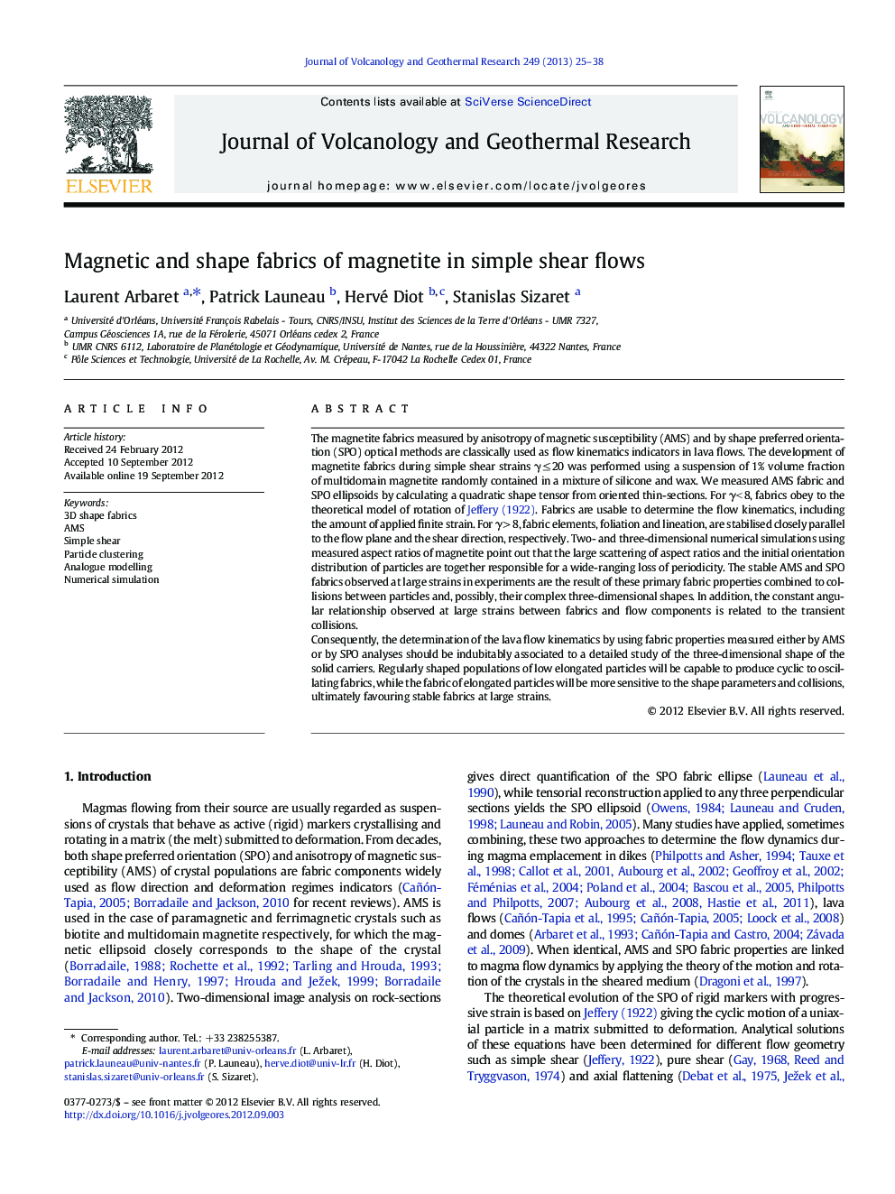 Magnetic and shape fabrics of magnetite in simple shear flows