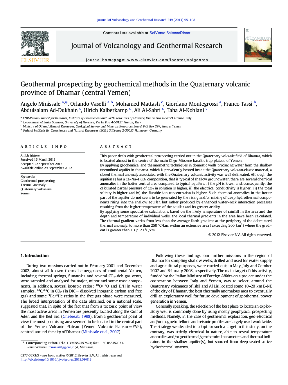 Geothermal prospecting by geochemical methods in the Quaternary volcanic province of Dhamar (central Yemen)