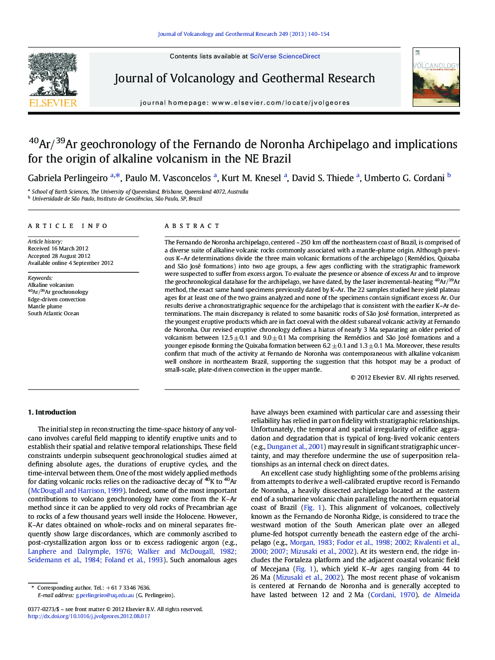 40Ar/39Ar geochronology of the Fernando de Noronha Archipelago and implications for the origin of alkaline volcanism in the NE Brazil