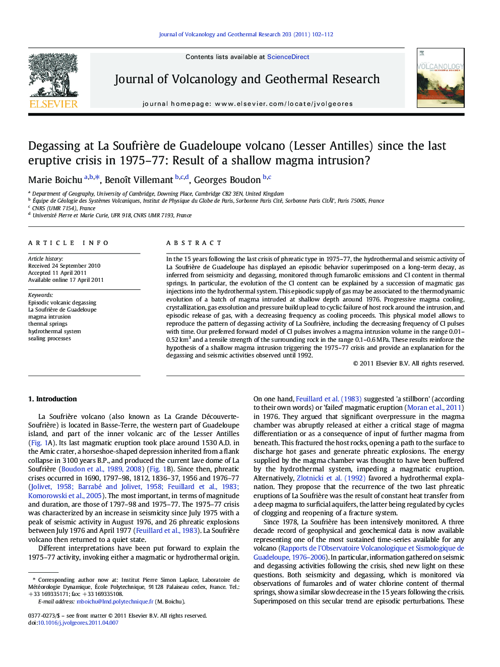 Degassing at La Soufrière de Guadeloupe volcano (Lesser Antilles) since the last eruptive crisis in 1975–77: Result of a shallow magma intrusion?