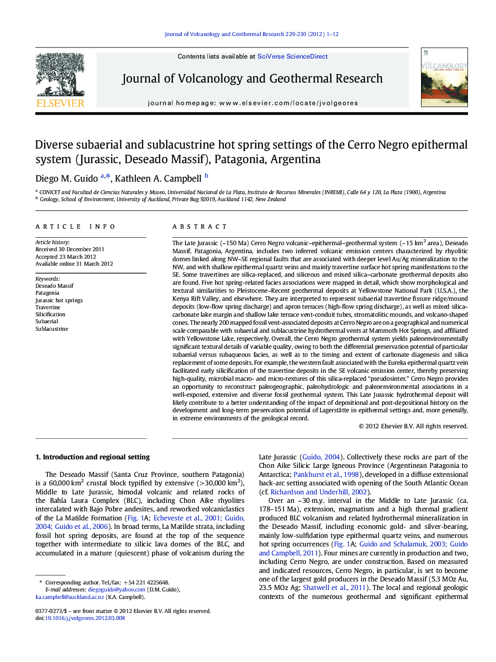 Diverse subaerial and sublacustrine hot spring settings of the Cerro Negro epithermal system (Jurassic, Deseado Massif), Patagonia, Argentina