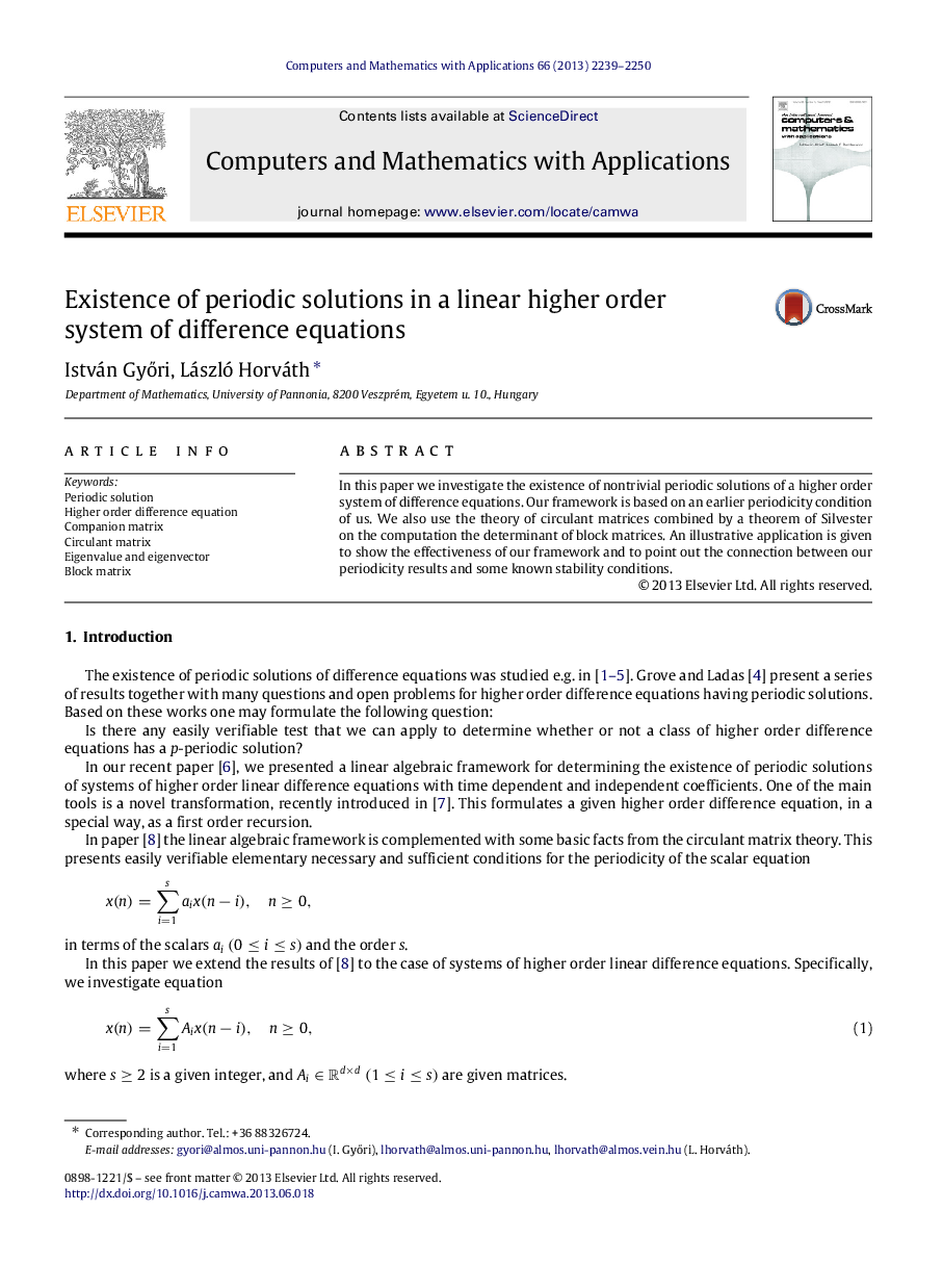 Existence of periodic solutions in a linear higher order system of difference equations