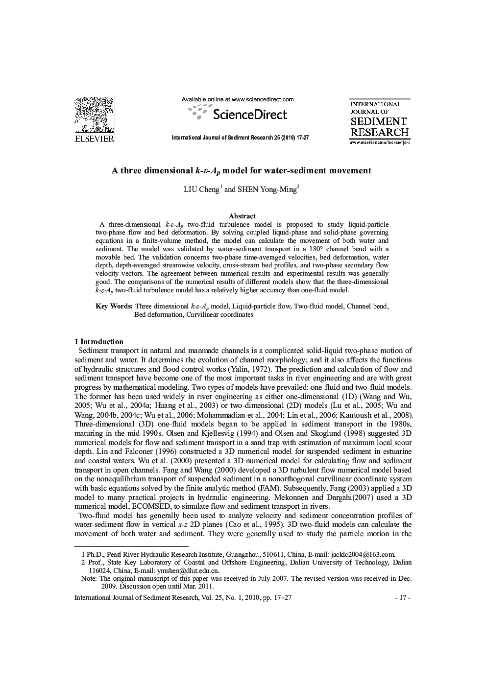 A three dimensional k-ɛ-Ap model for water-sediment movement 
