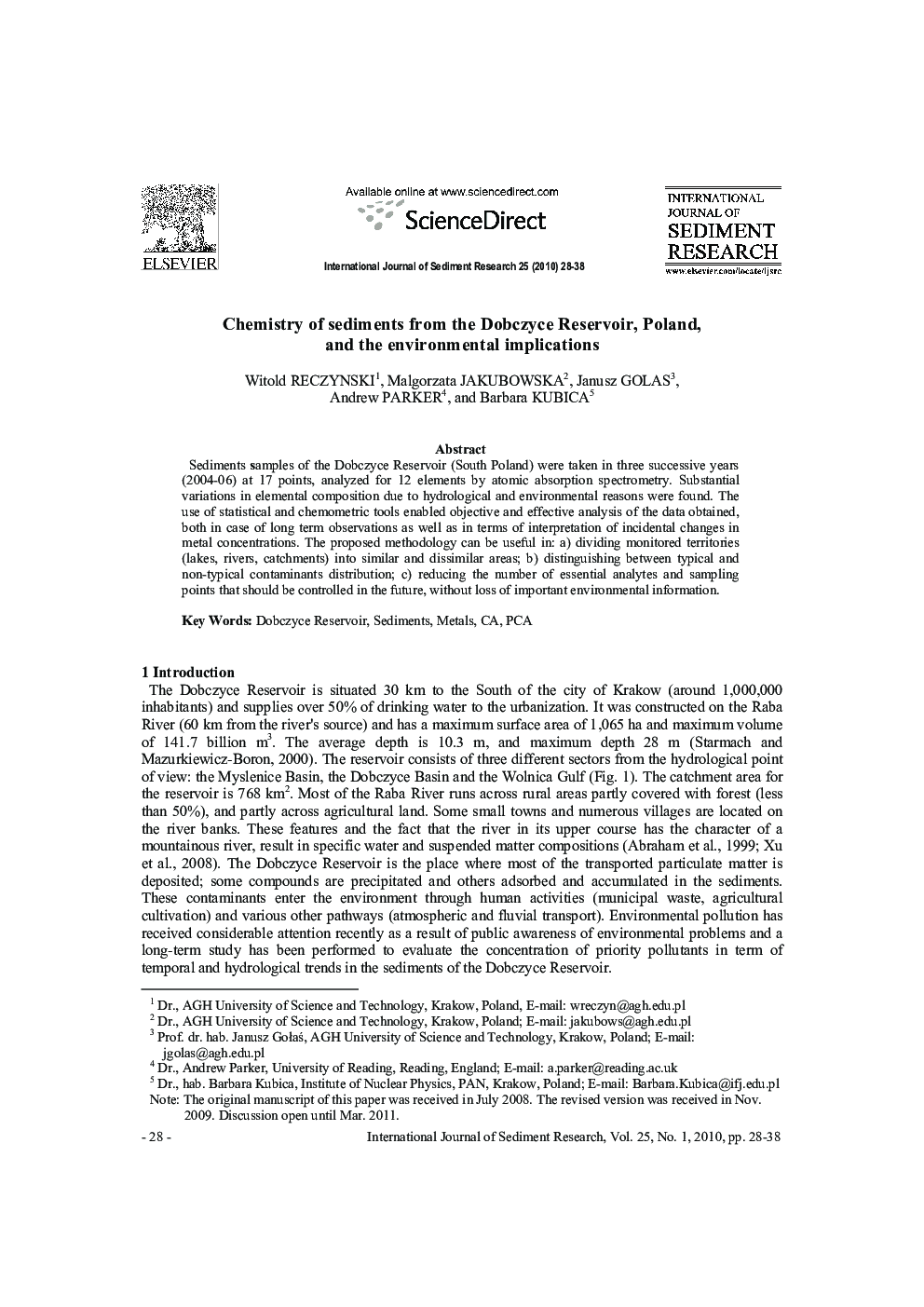 Chemistry of sediments from the Dobczyce Reservoir, Poland, and the environmental implications 