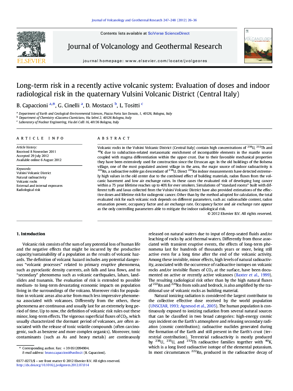 Long-term risk in a recently active volcanic system: Evaluation of doses and indoor radiological risk in the quaternary Vulsini Volcanic District (Central Italy)