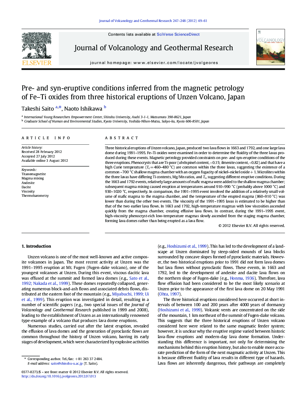 Pre- and syn-eruptive conditions inferred from the magnetic petrology of Fe–Ti oxides from three historical eruptions of Unzen Volcano, Japan