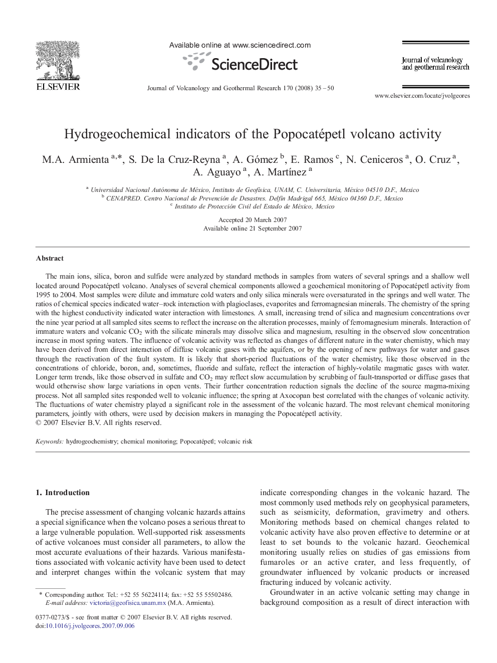 Hydrogeochemical indicators of the Popocatépetl volcano activity