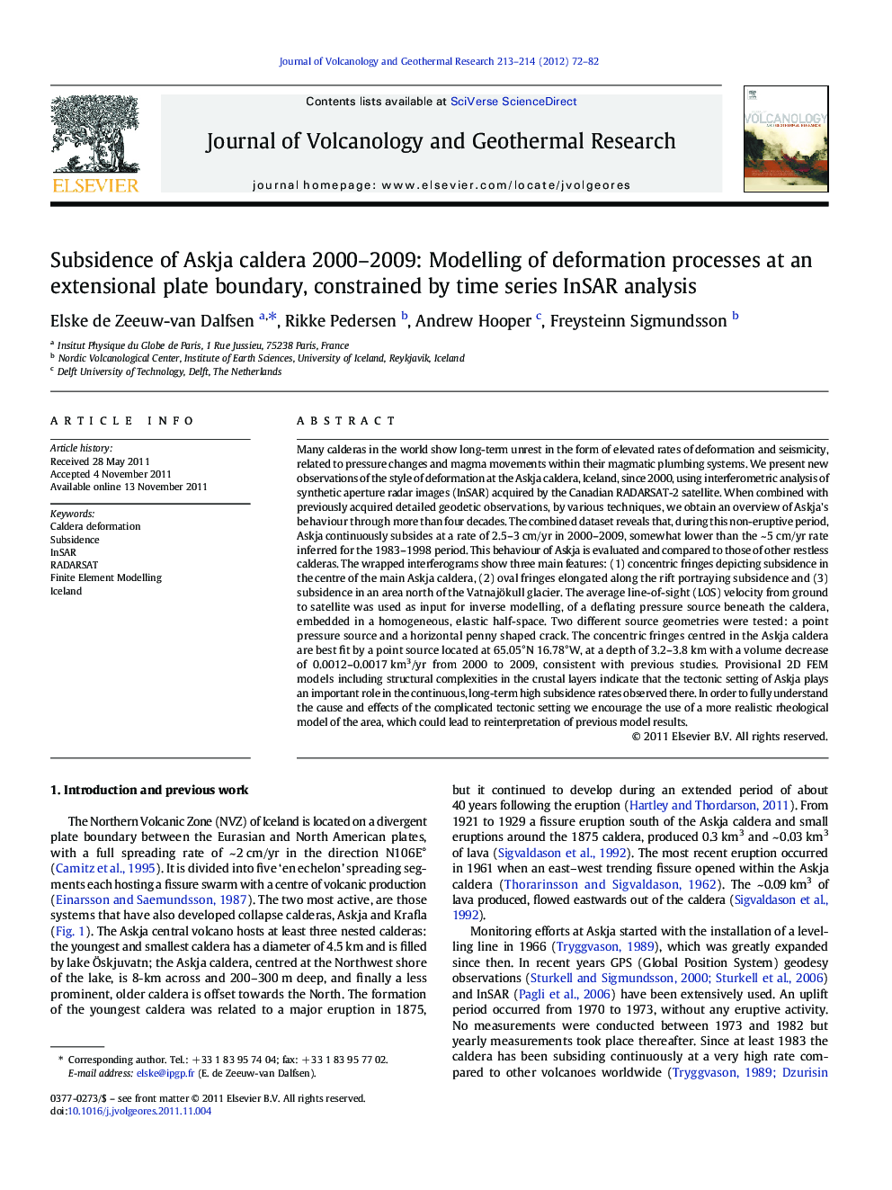 Subsidence of Askja caldera 2000–2009: Modelling of deformation processes at an extensional plate boundary, constrained by time series InSAR analysis