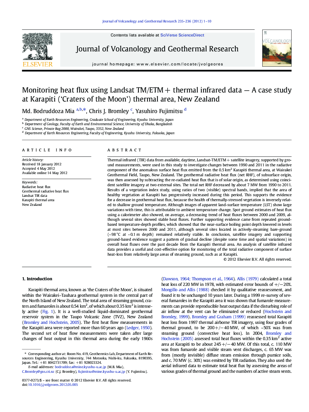 Monitoring heat flux using Landsat TM/ETM + thermal infrared data — A case study at Karapiti (‘Craters of the Moon’) thermal area, New Zealand