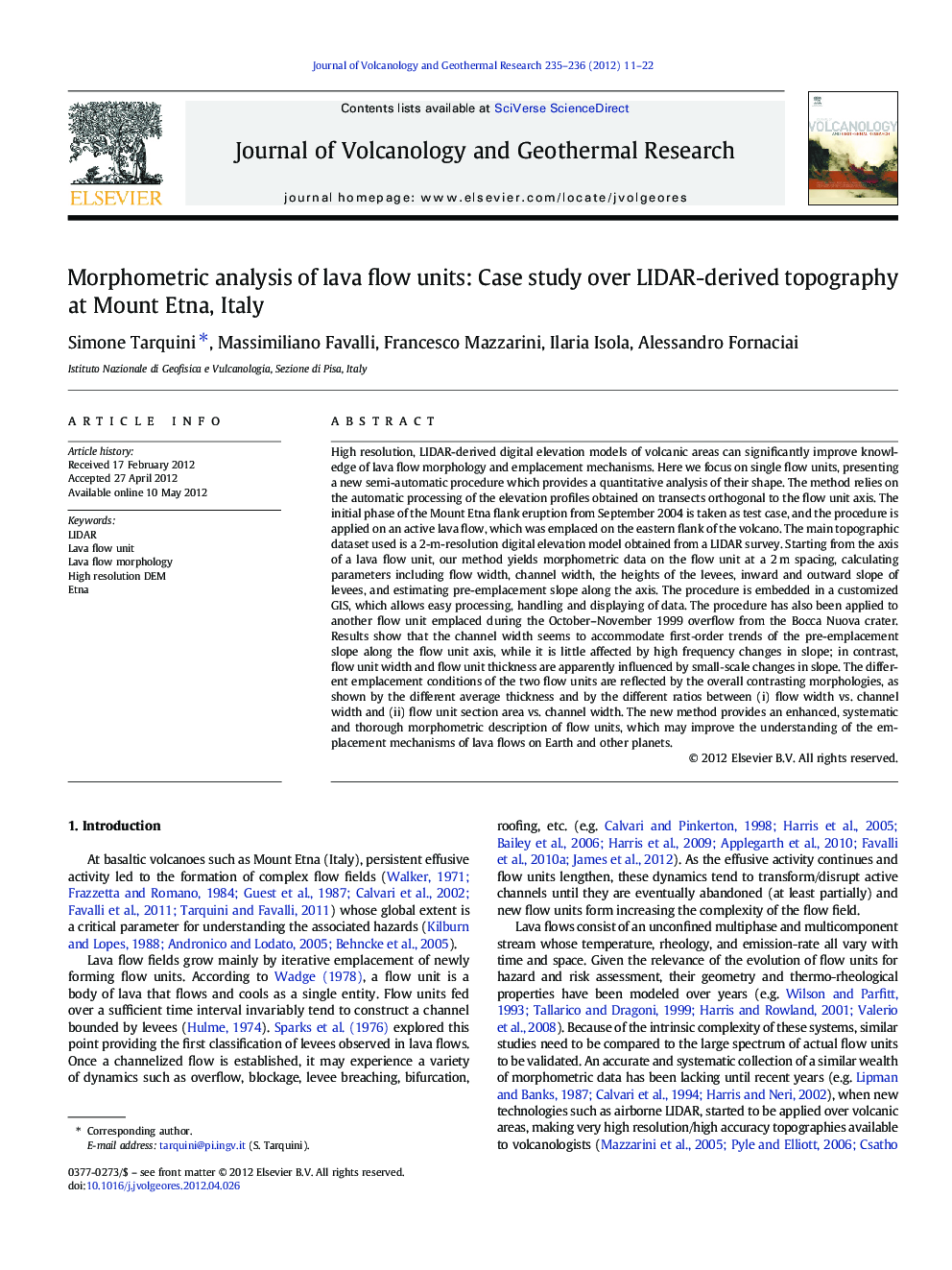 عکس صفحه اول مقاله: Morphometric analysis of lava flow units: Case study over LIDAR-derived topography at Mount Etna, Italy Morphometric analysis of lava flow units: Case study over LIDAR-derived topography at Mount Etna, Italy