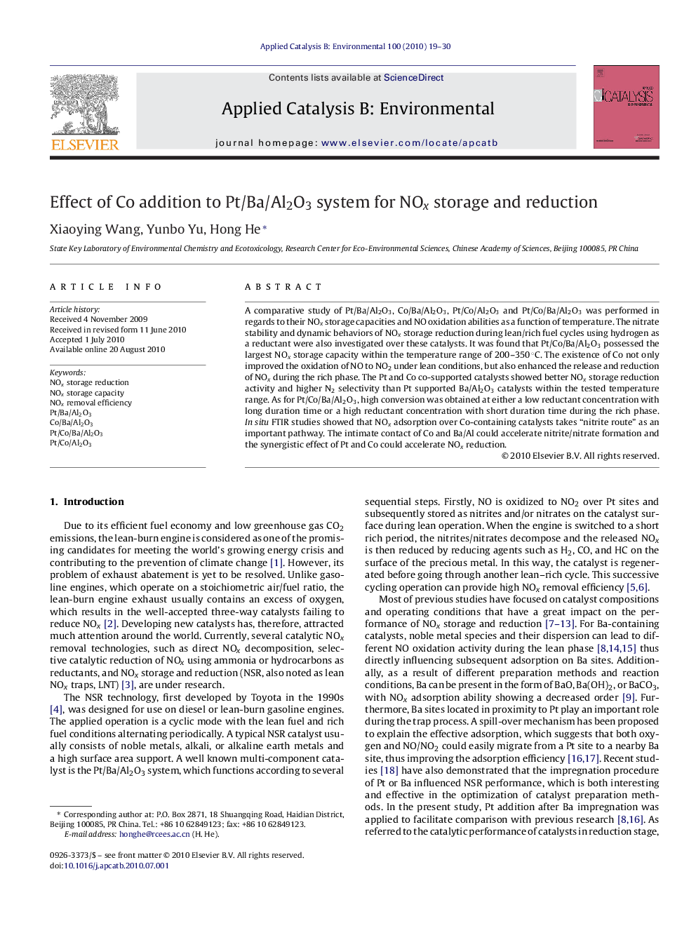 عکس صفحه اول مقاله: Effect of Co addition to Pt/Ba/Al2O3 system for NOx storage and reduction Effect of Co addition to Pt/Ba/Al2O3 system for NOx storage and reduction