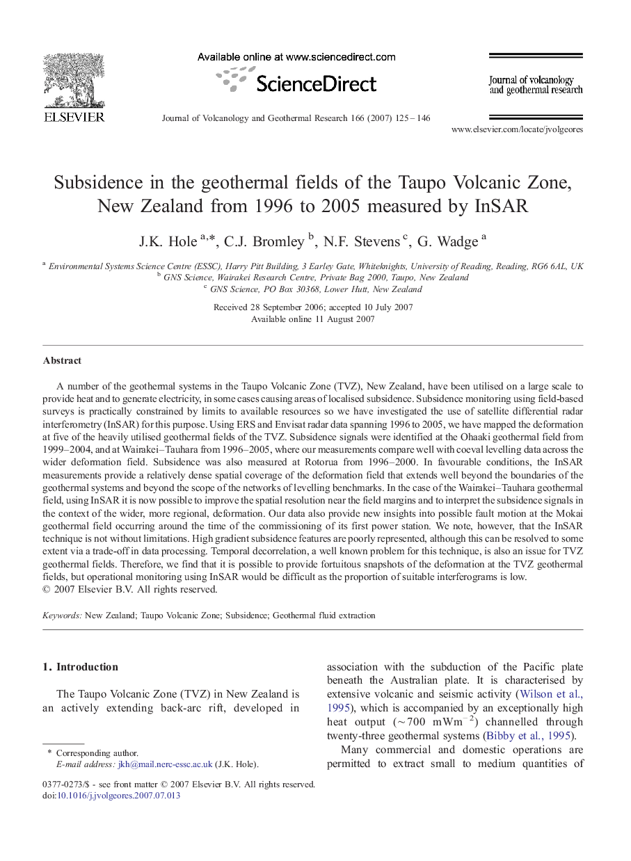 عکس صفحه اول مقاله: Subsidence in the geothermal fields of the Taupo Volcanic Zone, New Zealand from 1996 to 2005 measured by InSAR Subsidence in the geothermal fields of the Taupo Volcanic Zone, New Zealand from 1996 to 2005 measured by InSAR