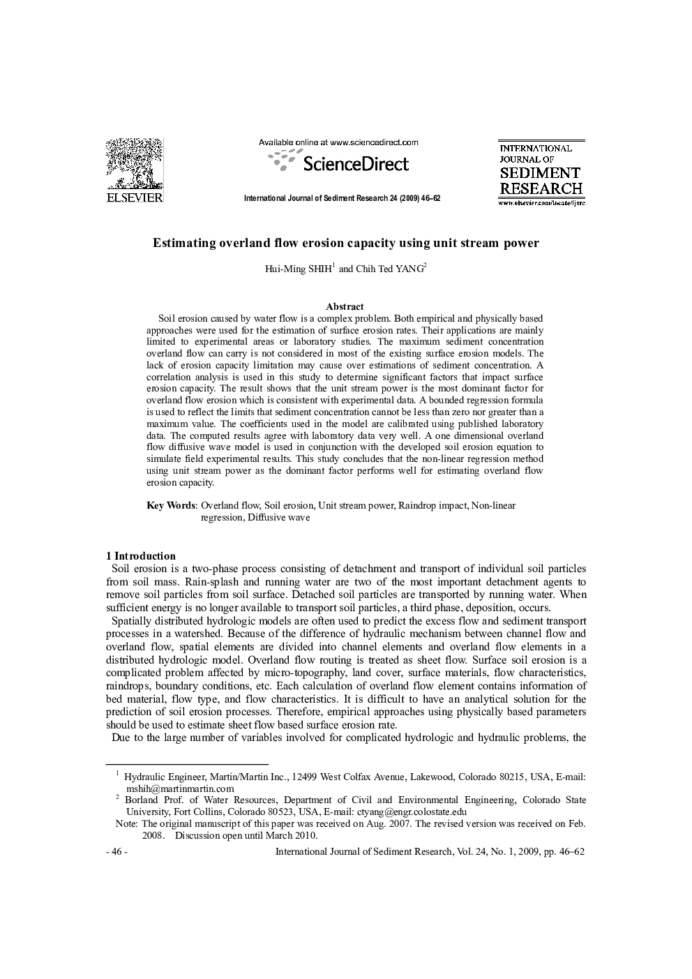 Estimating overland flow erosion capacity using unit stream power 