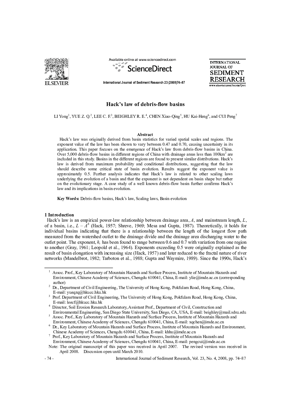 Hack's law of debris-flow basins 