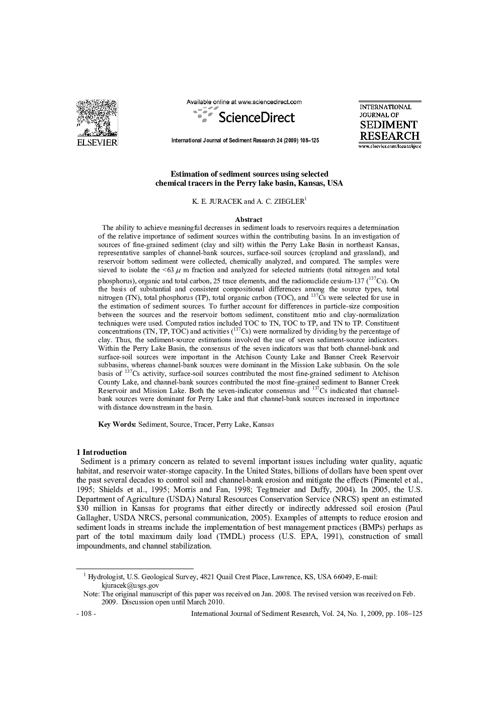Estimation of sediment sources using selected chemical tracers in the Perry lake basin, Kansas, USA 