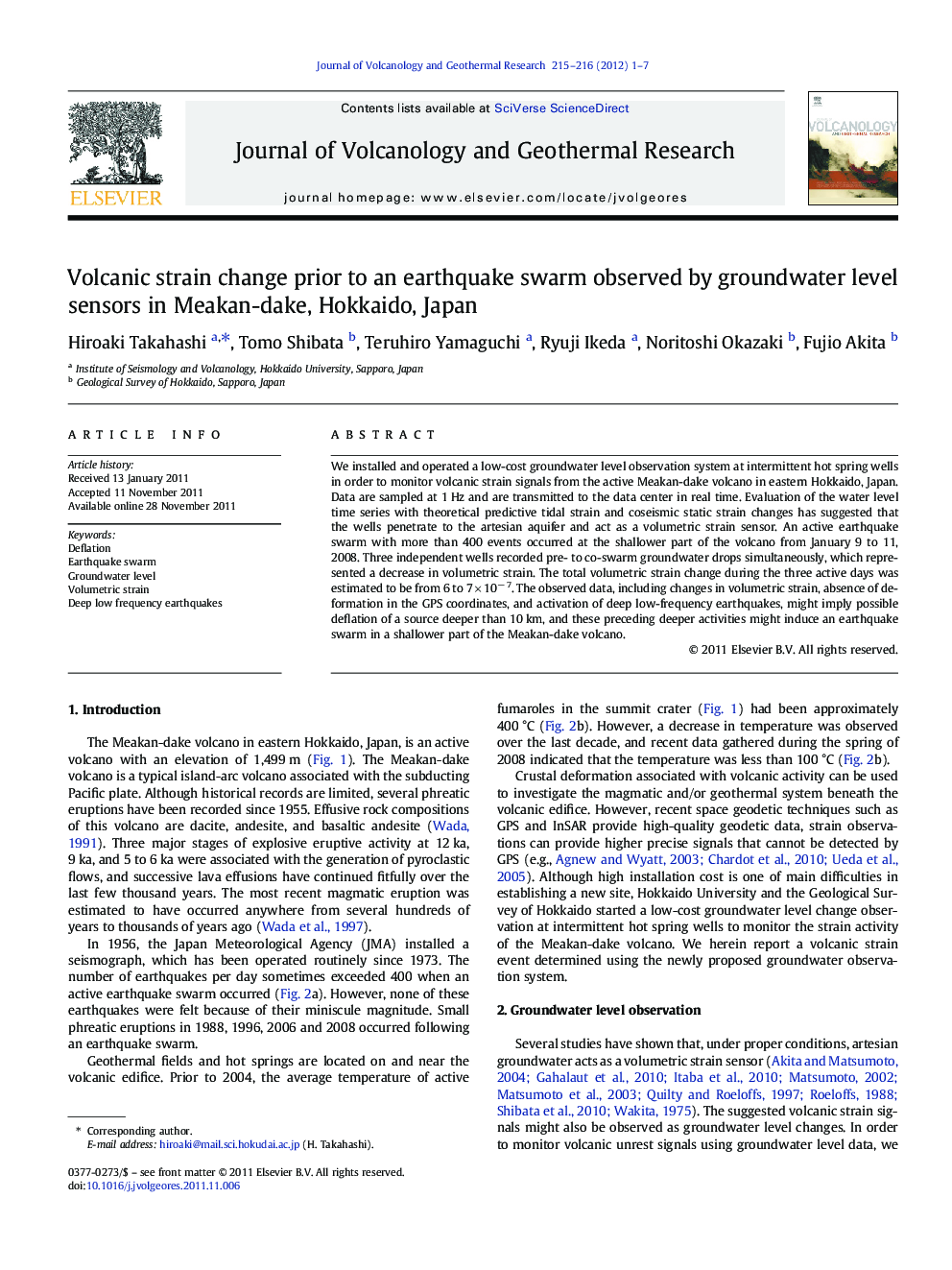 Volcanic strain change prior to an earthquake swarm observed by groundwater level sensors in Meakan-dake, Hokkaido, Japan