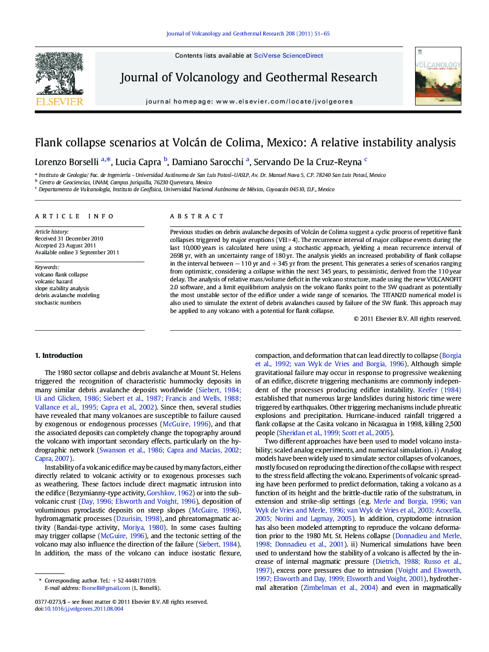 Flank collapse scenarios at Volcán de Colima, Mexico: A relative instability analysis