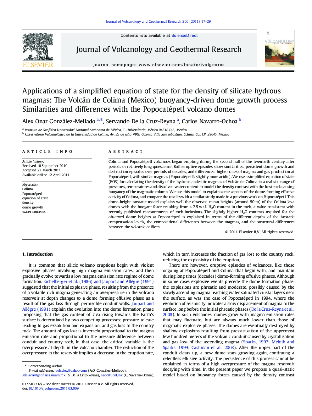 Applications of a simplified equation of state for the density of silicate hydrous magmas: The Volcán de Colima (Mexico) buoyancy-driven dome growth process: Similarities and differences with the Popocatépetl volcano domes