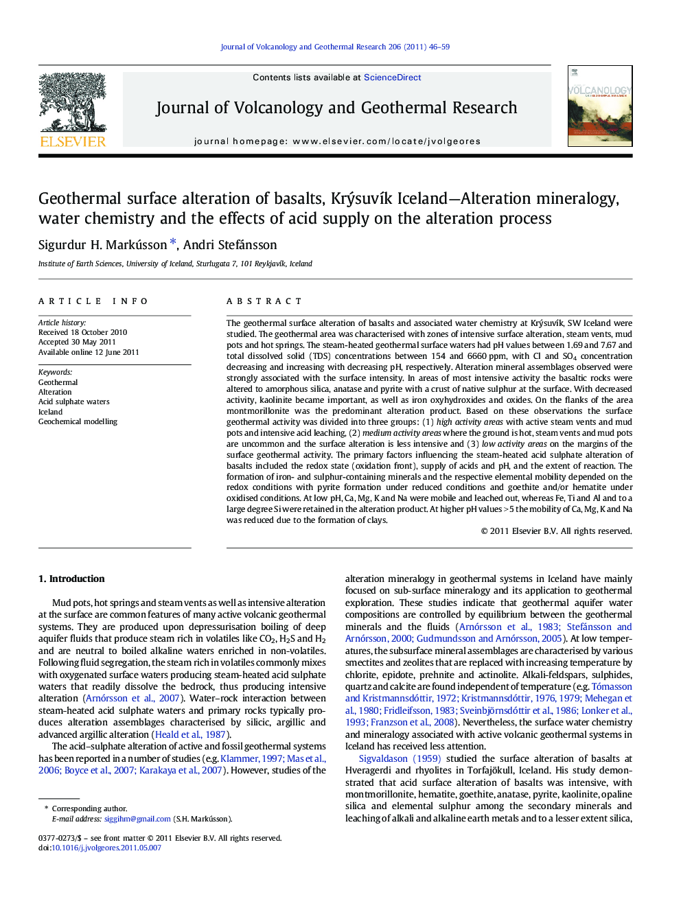 Geothermal surface alteration of basalts, Krýsuvík Iceland—Alteration mineralogy, water chemistry and the effects of acid supply on the alteration process