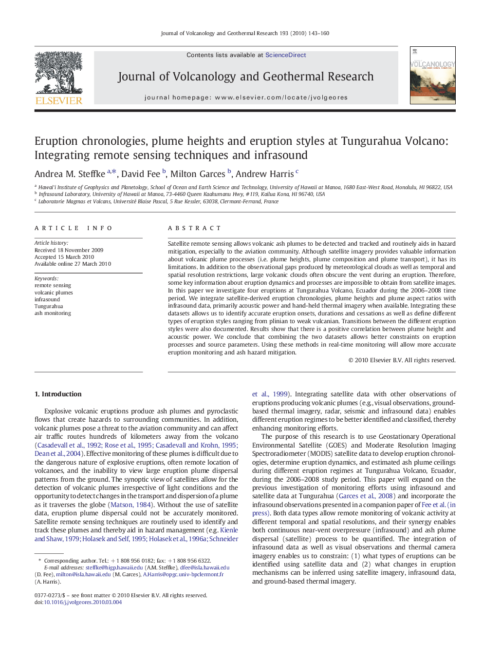 Eruption chronologies, plume heights and eruption styles at Tungurahua Volcano: Integrating remote sensing techniques and infrasound