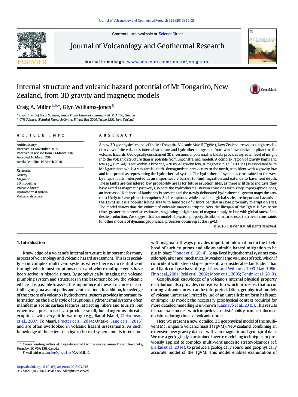 Internal structure and volcanic hazard potential of Mt Tongariro, New Zealand, from 3D gravity and magnetic models