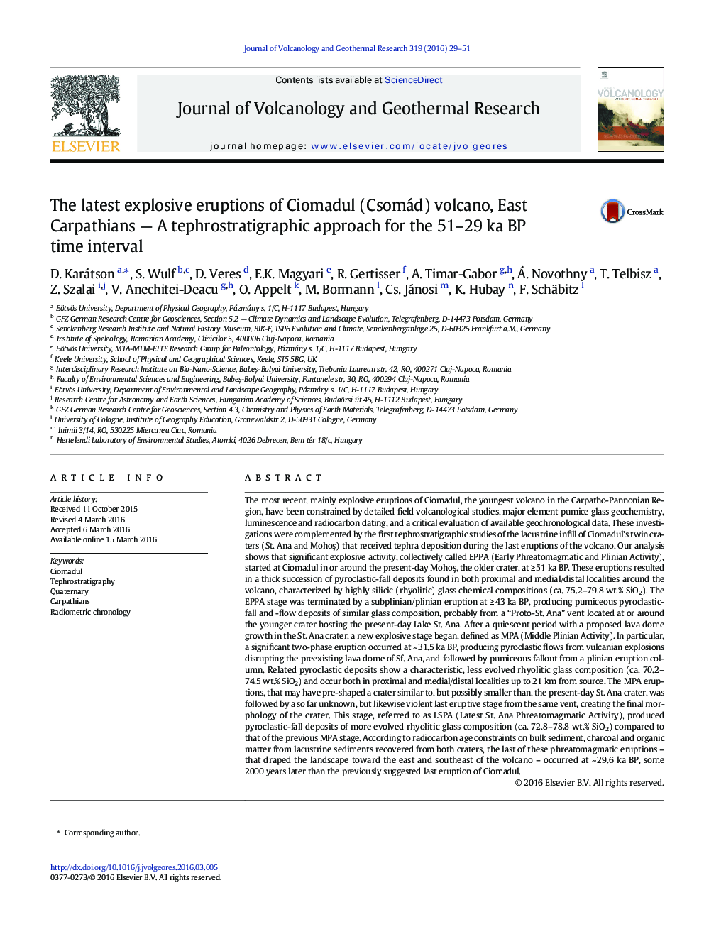 The latest explosive eruptions of Ciomadul (Csomád) volcano, East Carpathians — A tephrostratigraphic approach for the 51–29 ka BP time interval