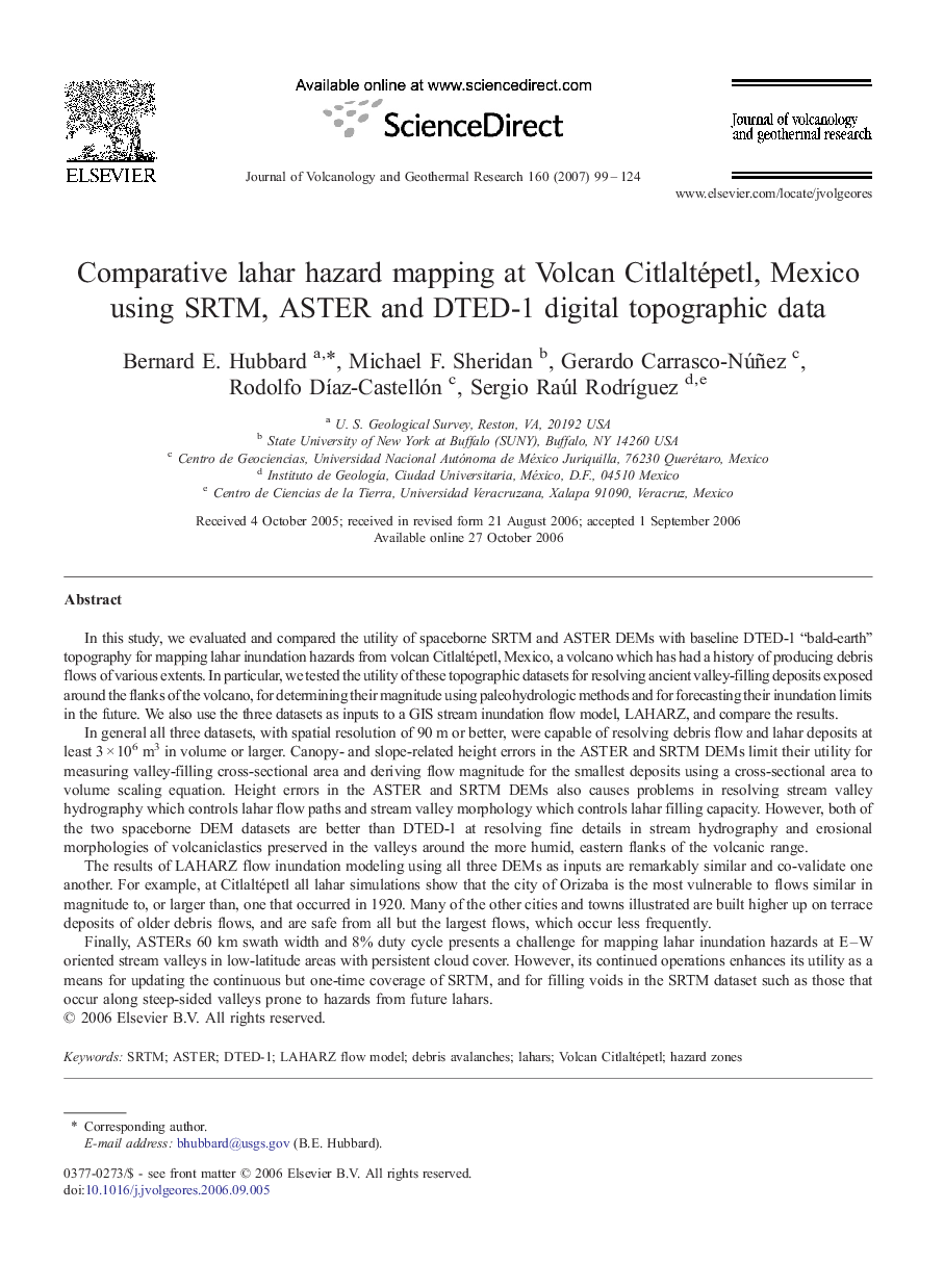 Comparative lahar hazard mapping at Volcan Citlaltépetl, Mexico using SRTM, ASTER and DTED-1 digital topographic data