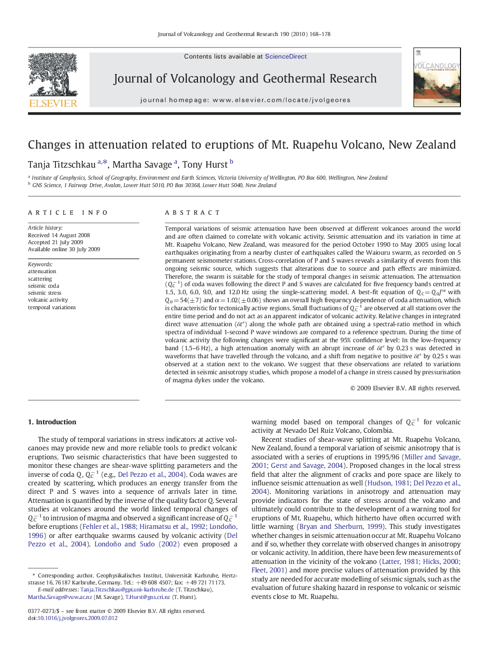 Changes in attenuation related to eruptions of Mt. Ruapehu Volcano, New Zealand