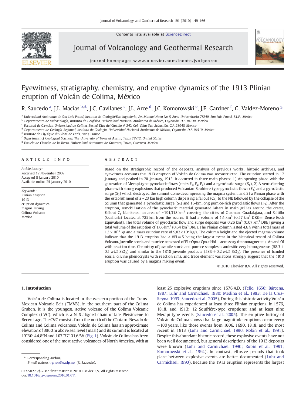 Eyewitness, stratigraphy, chemistry, and eruptive dynamics of the 1913 Plinian eruption of Volcán de Colima, México