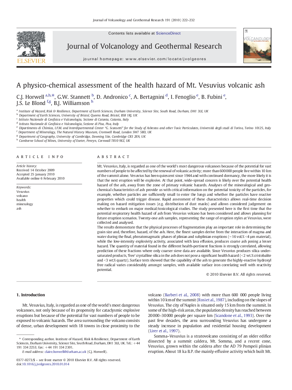 A physico-chemical assessment of the health hazard of Mt. Vesuvius volcanic ash