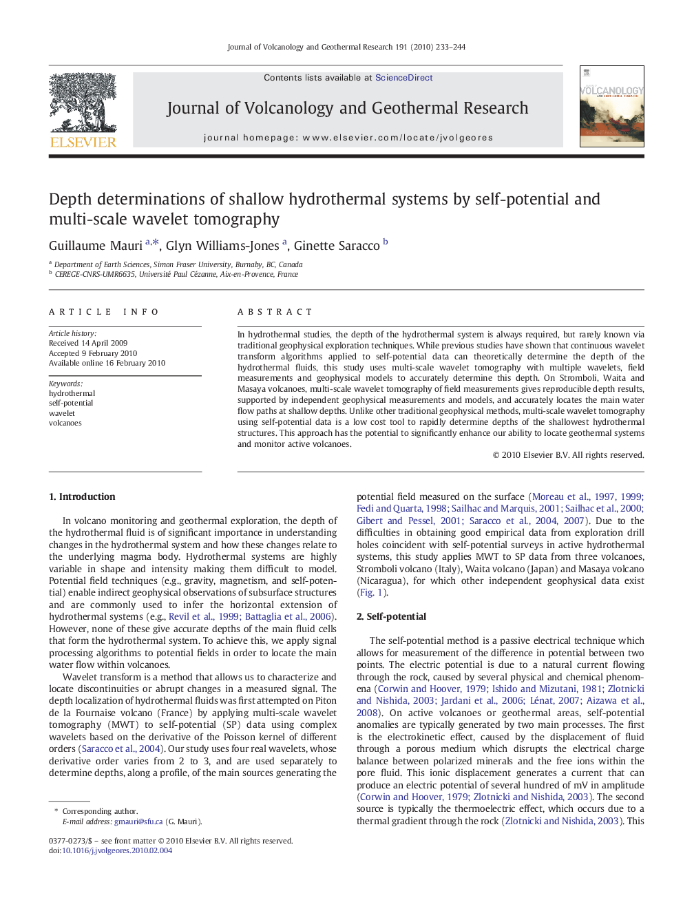 Depth determinations of shallow hydrothermal systems by self-potential and multi-scale wavelet tomography