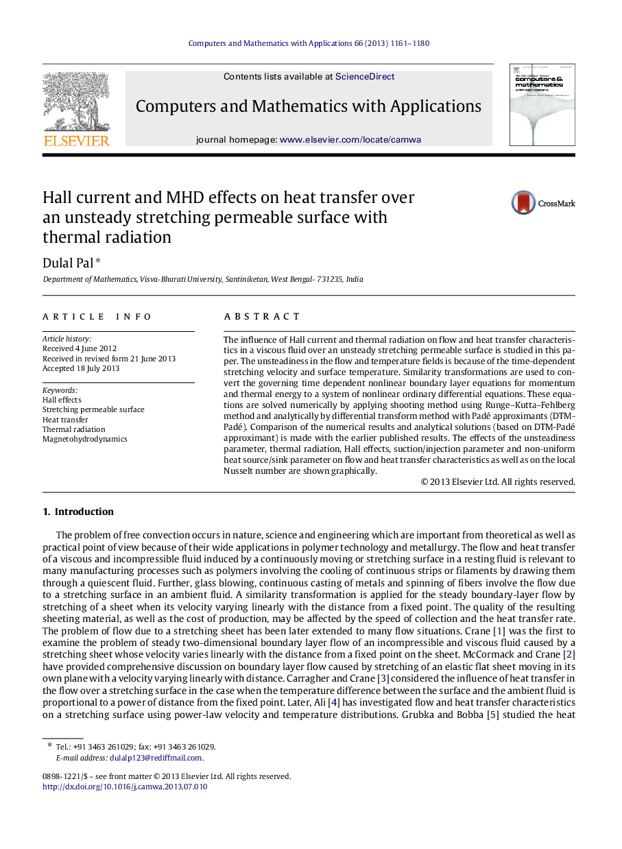 Hall current and MHD effects on heat transfer over an unsteady stretching permeable surface with thermal radiation