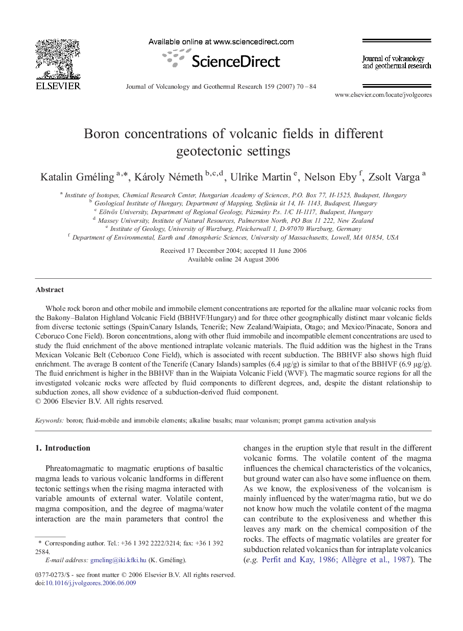Boron concentrations of volcanic fields in different geotectonic settings