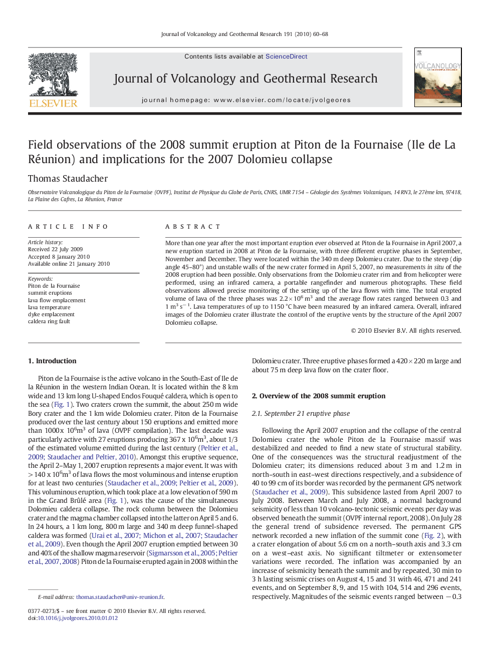 Field observations of the 2008 summit eruption at Piton de la Fournaise (Ile de La Réunion) and implications for the 2007 Dolomieu collapse