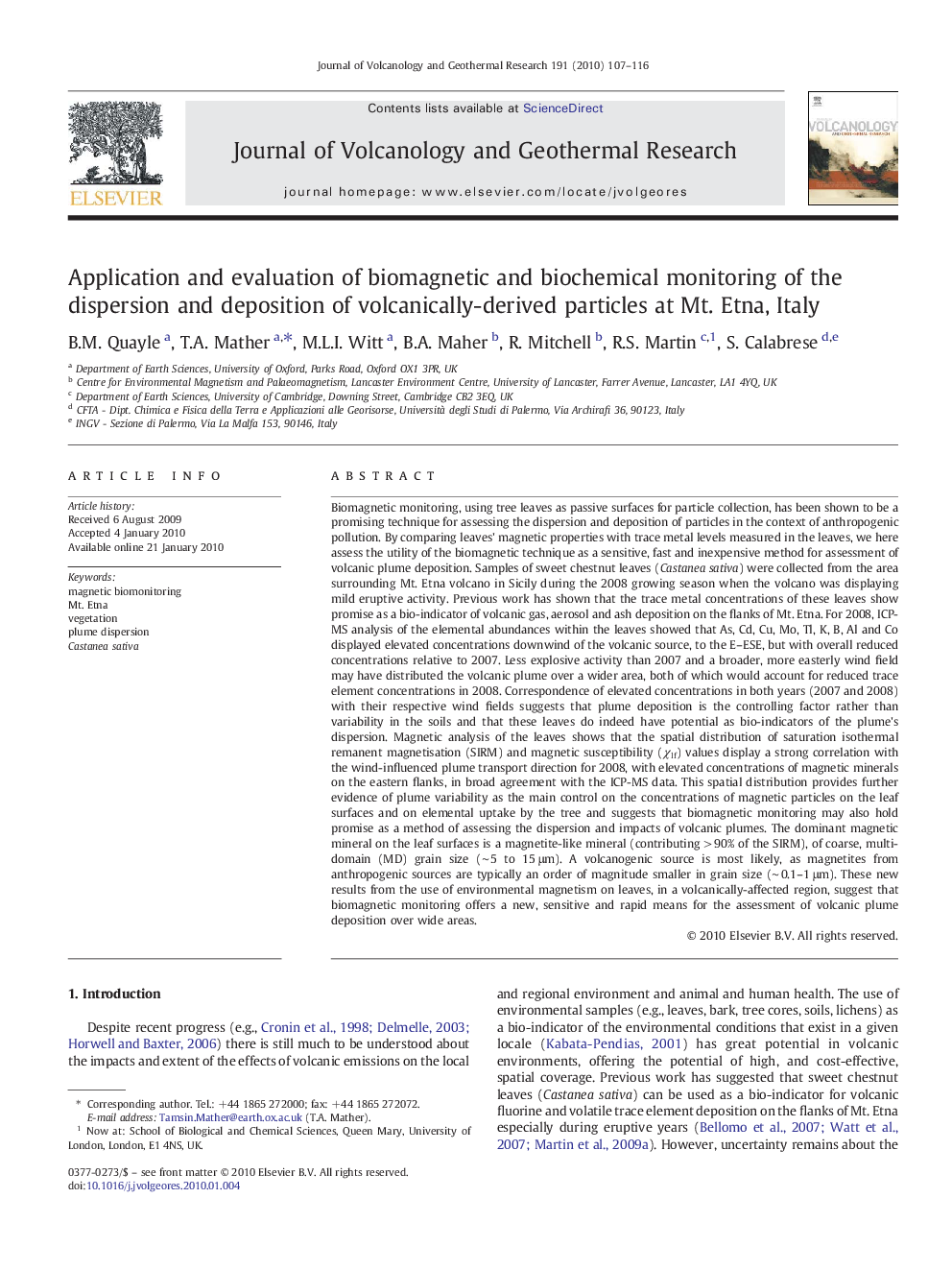 Application and evaluation of biomagnetic and biochemical monitoring of the dispersion and deposition of volcanically-derived particles at Mt. Etna, Italy