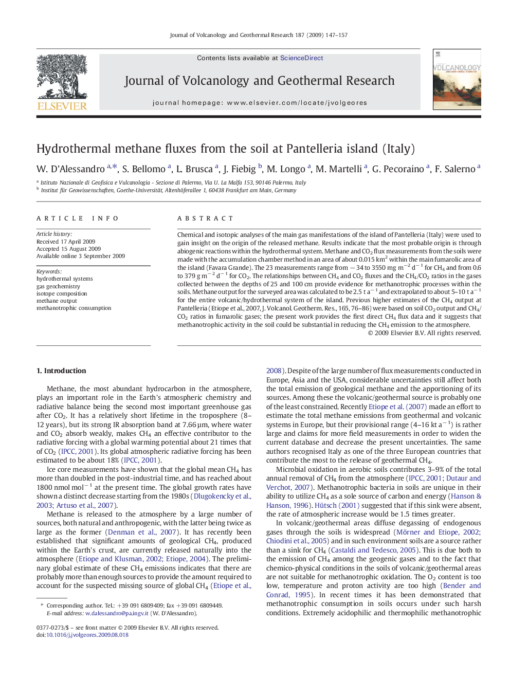 Hydrothermal methane fluxes from the soil at Pantelleria island (Italy)