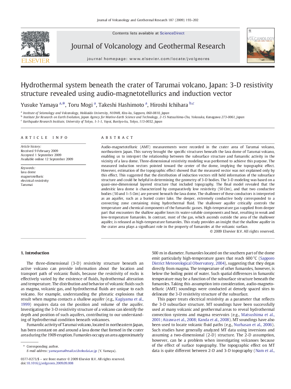 Hydrothermal system beneath the crater of Tarumai volcano, Japan: 3-D resistivity structure revealed using audio-magnetotellurics and induction vector