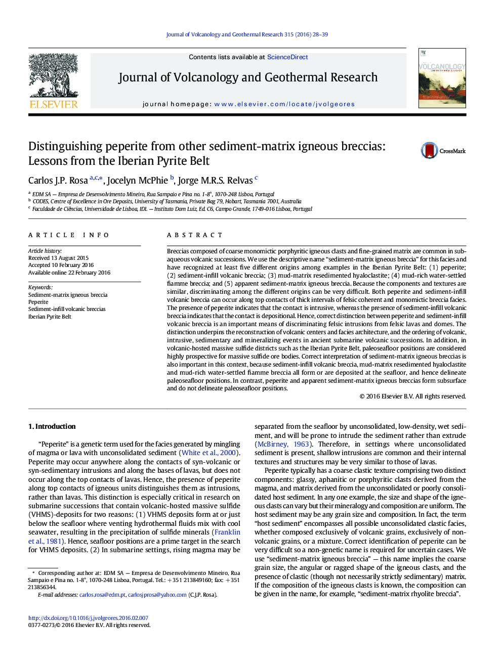 Distinguishing peperite from other sediment-matrix igneous breccias: Lessons from the Iberian Pyrite Belt