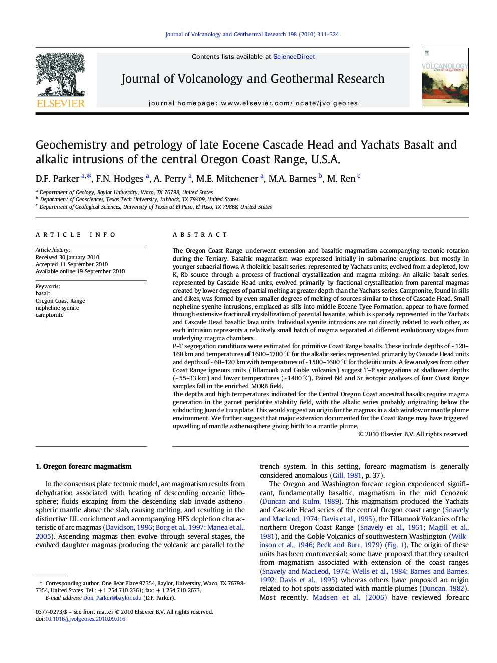 Geochemistry and petrology of late Eocene Cascade Head and Yachats Basalt and alkalic intrusions of the central Oregon Coast Range, U.S.A.