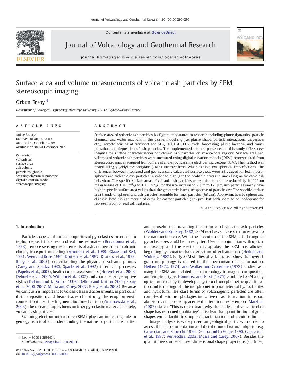 Surface area and volume measurements of volcanic ash particles by SEM stereoscopic imaging